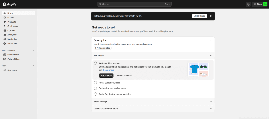 Shopify website builder dashboard