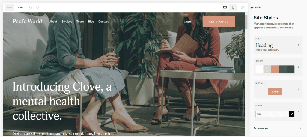 Website builder interface of Squarespace