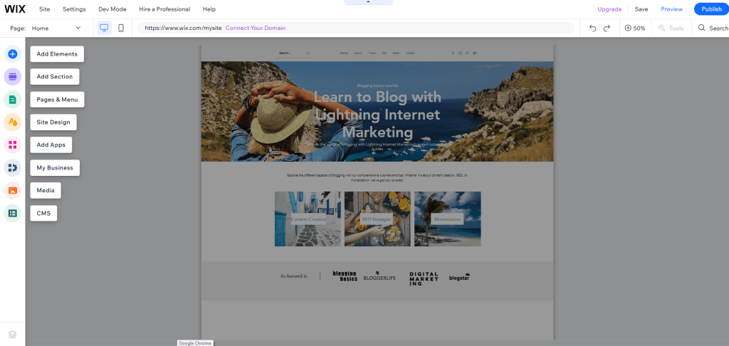 Wix website builder interface