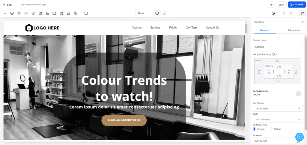 ZedNow's website builder interface
