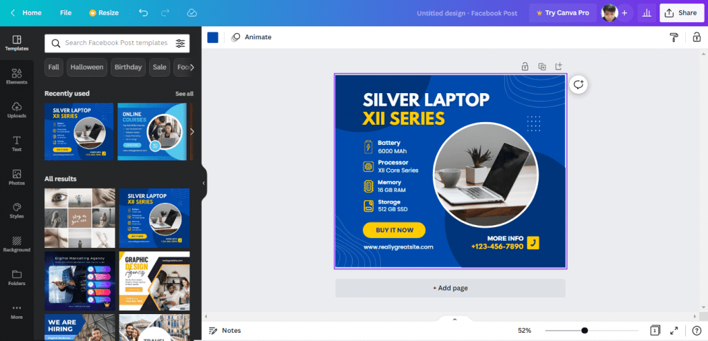 User interface of Canva