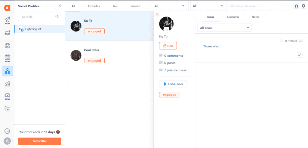 View of the inbox of Agorapulse