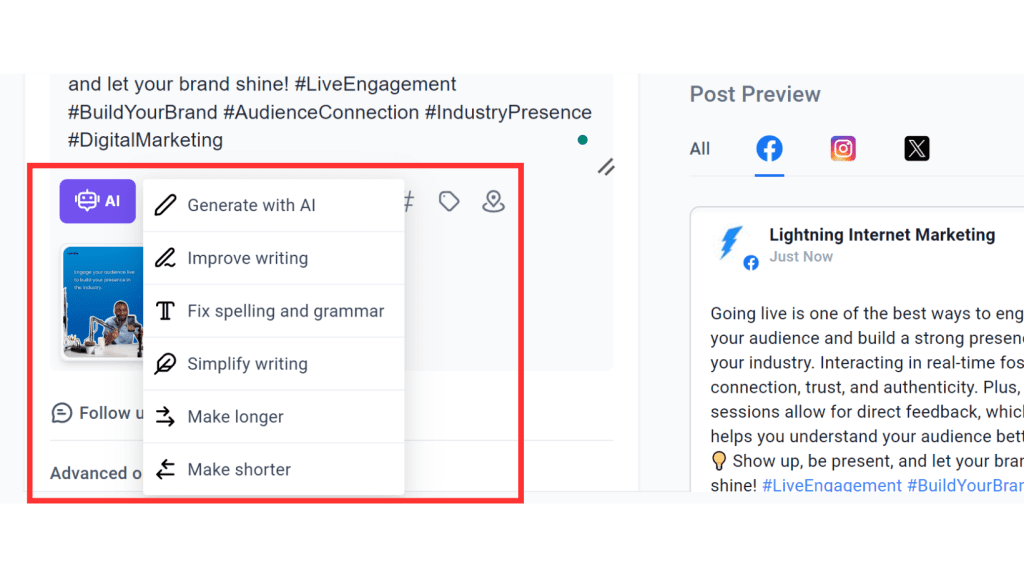 ZedNow's AI content generator in its social media planner.