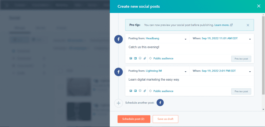 Bulk posting in one of the best social media management tools HubSpot SM