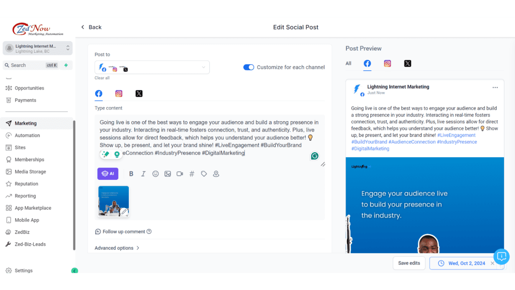 View of ZedNow's post editor. One of the best social media management tools today.