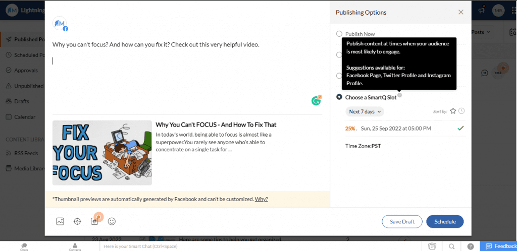 View of Zoho Social when you create a post