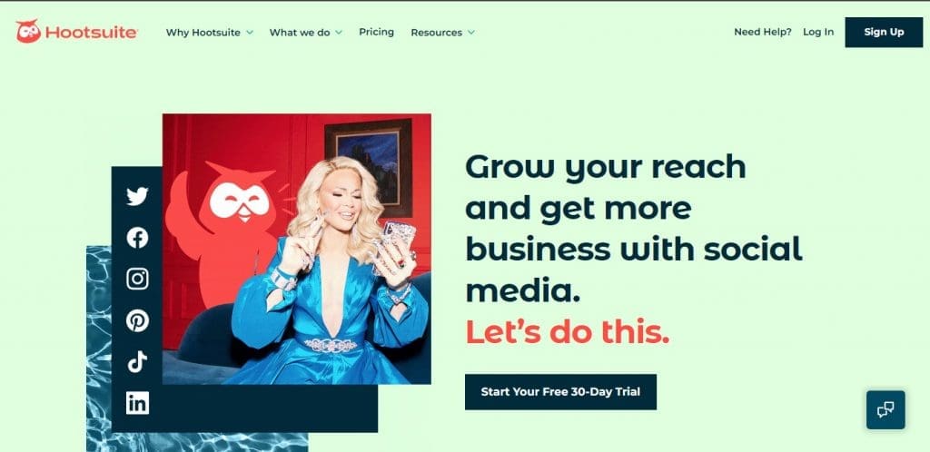 Homepage of Hootsuite which is a service that offers a calendar planner that can be use for social media marketing strategy