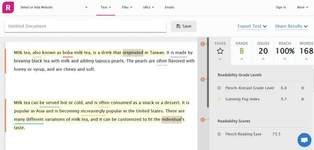 Readable's readability tool to check the readability score and grade level of content writing for beginners