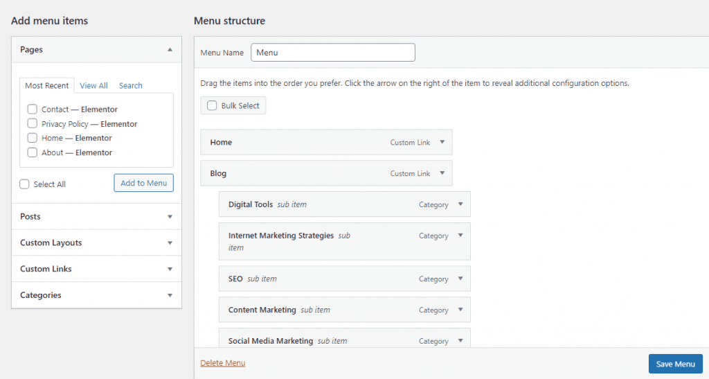 Setting up navigation menus