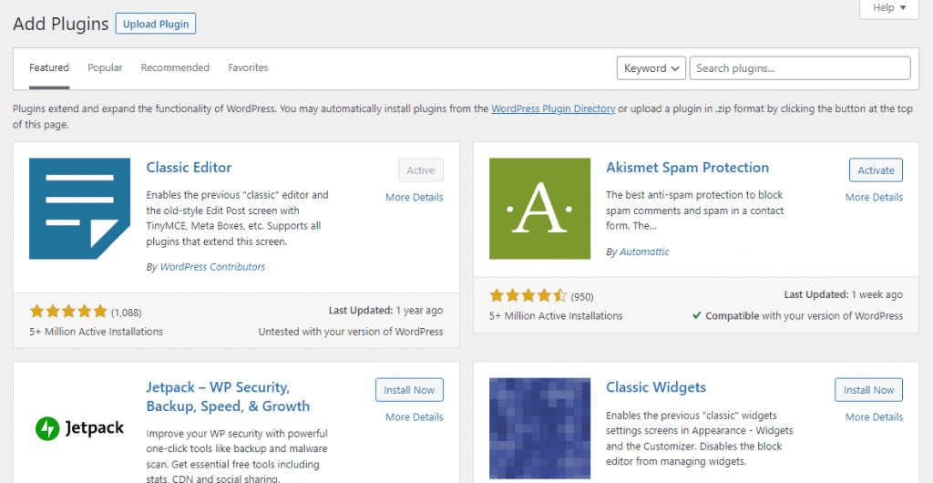 WordPress plugin installer area