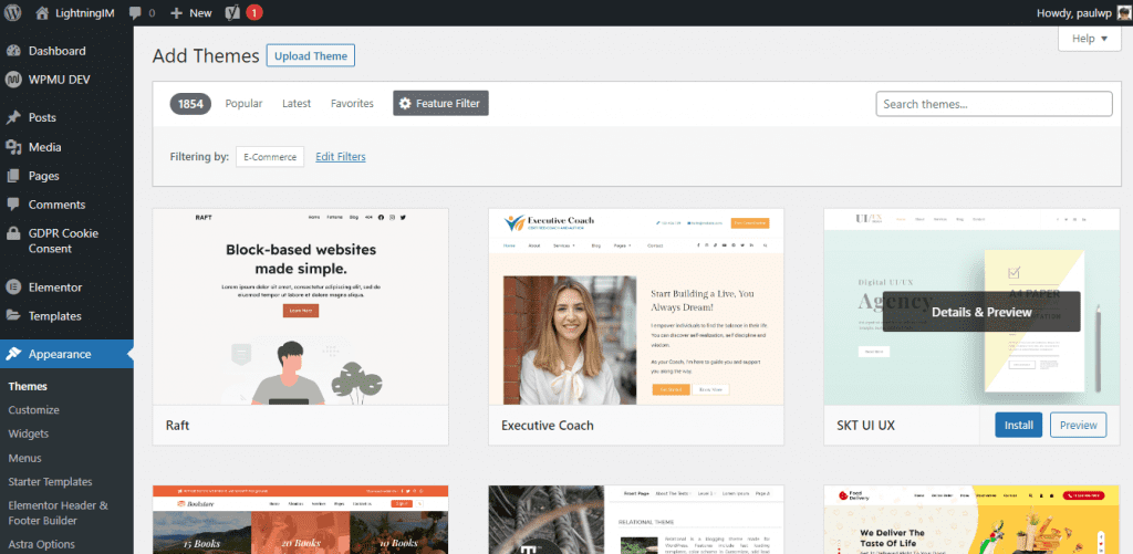 Theme area in WordPress dashboard