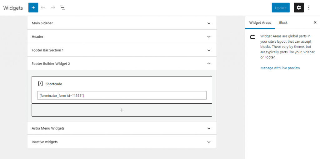 Widgets area of WordPress dashboard