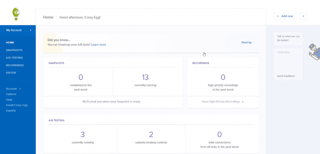 Crazyegg's home dashboard