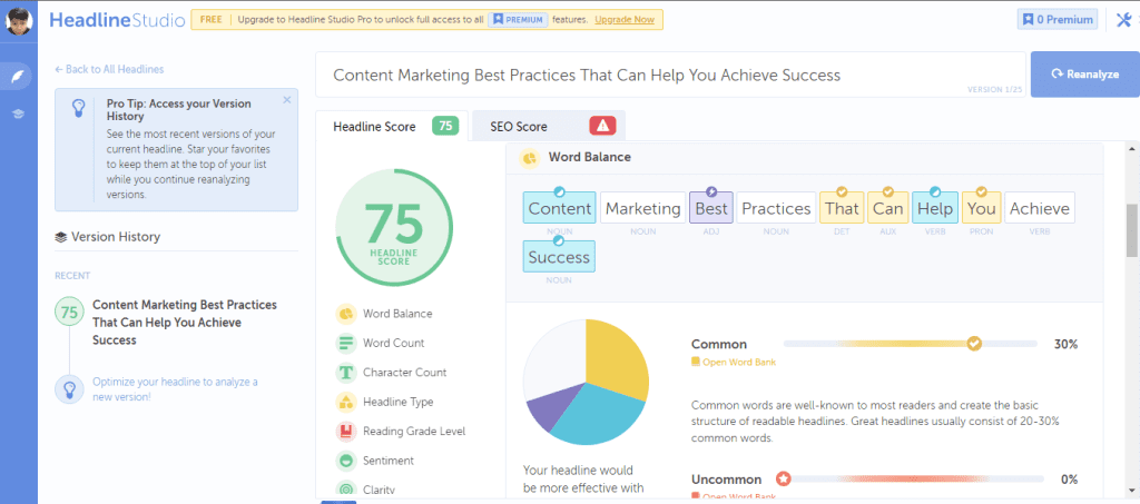 Headline Studio tool shows result of a headline that is analyzed.