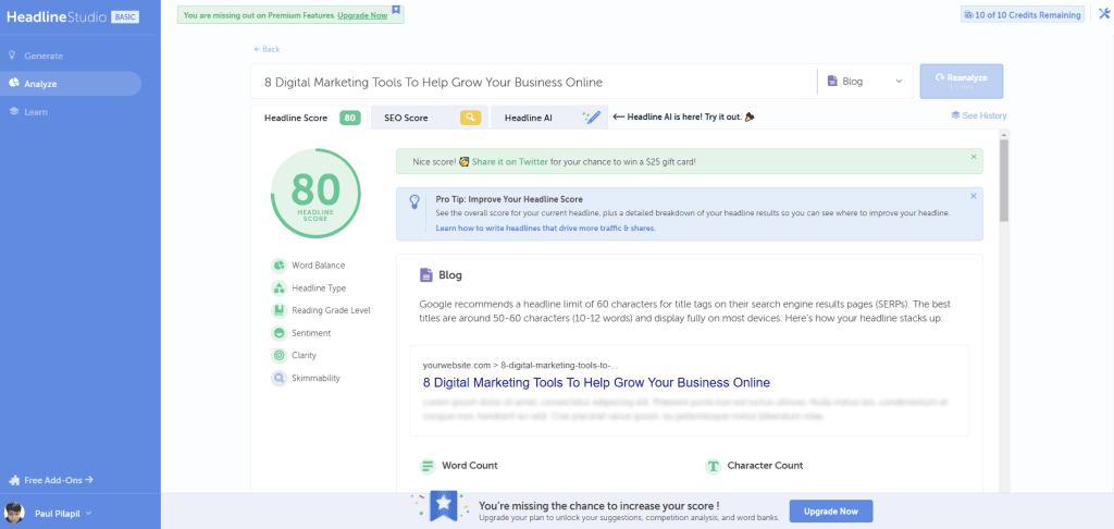 Headline is analyzed using Headline Studio by CoSchedule