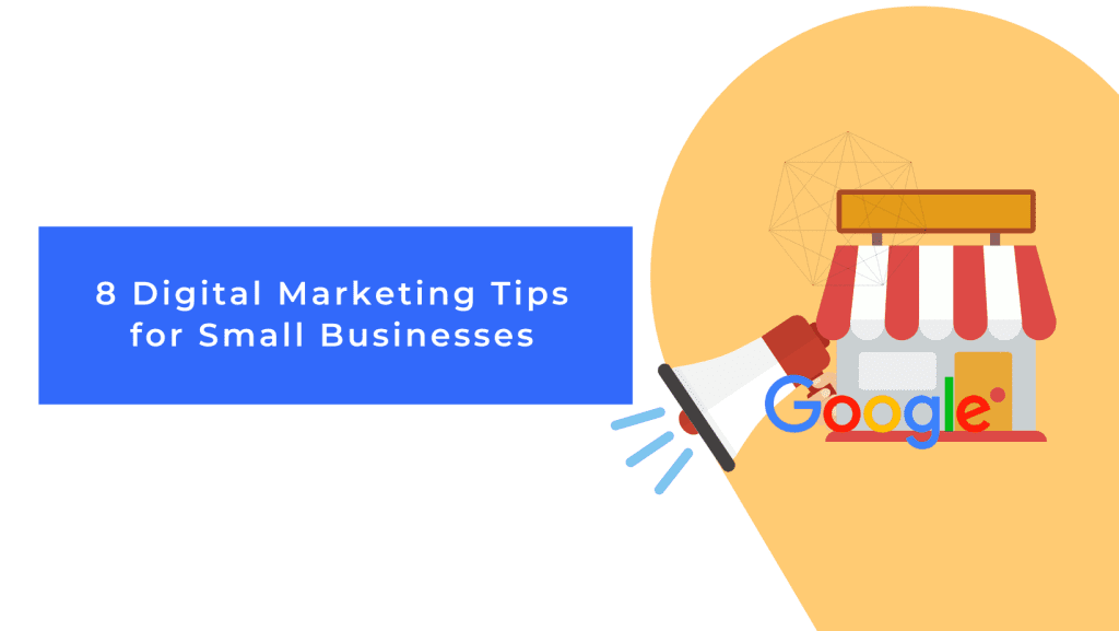 Graphic image of a small store with Google and social media logos showing its implementing some digital marketing tactics.