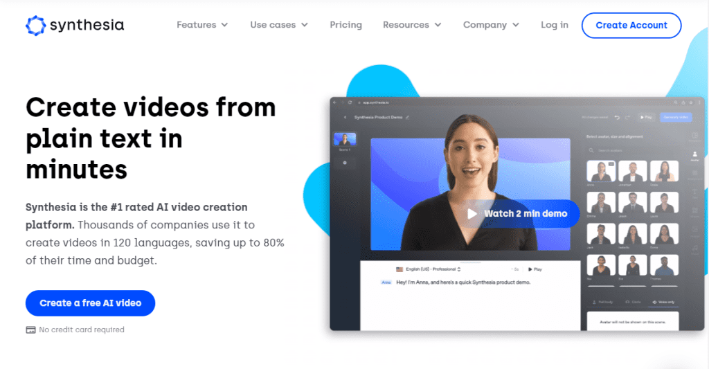 AI-powered video editing tool Synthesia webpage