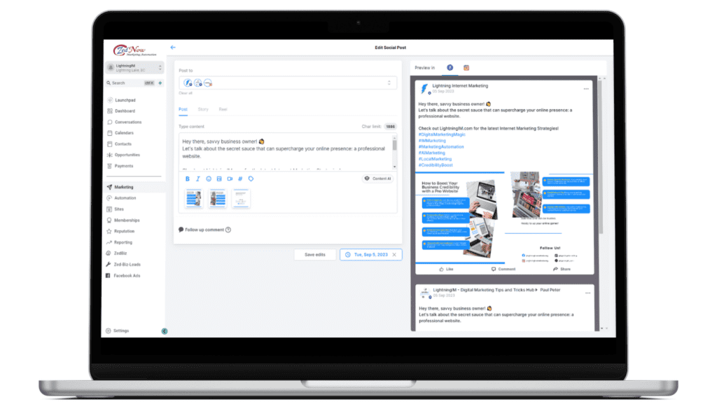 ZedNow Marketing Automation System's social planner that helps scheduling social media video posts