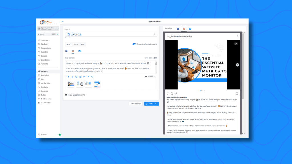 Social media planner, one of the features of ZedNow Marketing Automation system.