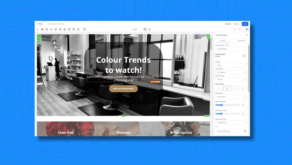 The website builder features of ZedNow Marketing Automation system.