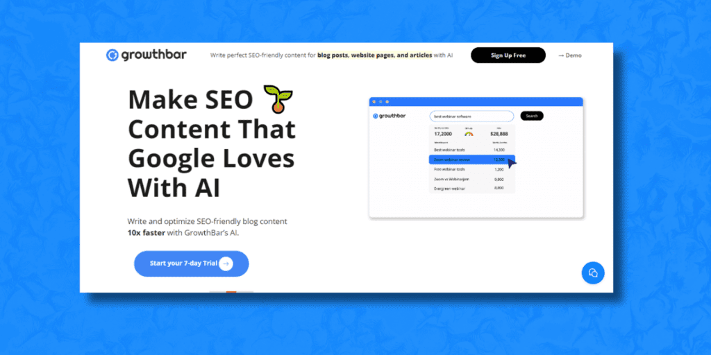 Website of Growthbar AI tool for digital marketing.