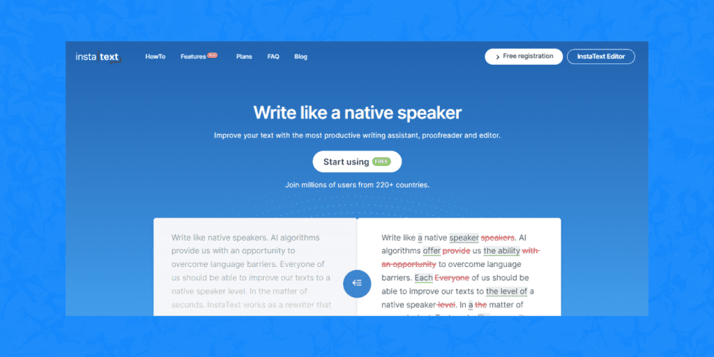 Instatext's homepage.