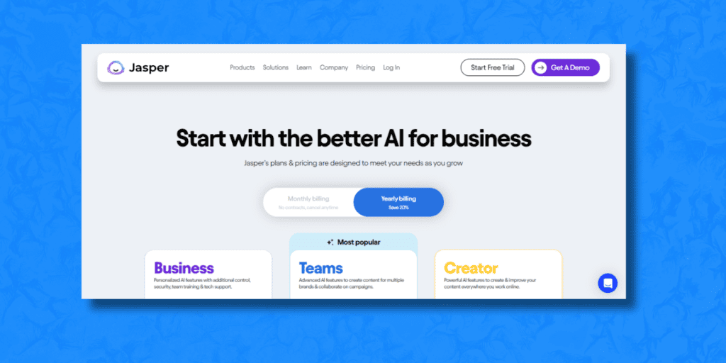 Jasper AI tool for digital marketing website homepage.