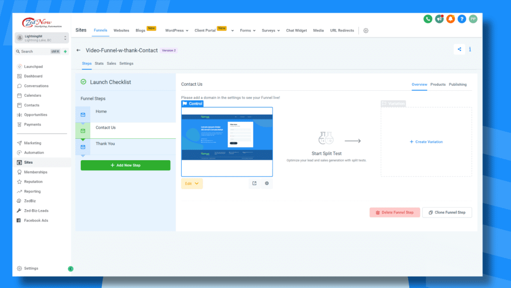 ZedNow's sales funnel feature