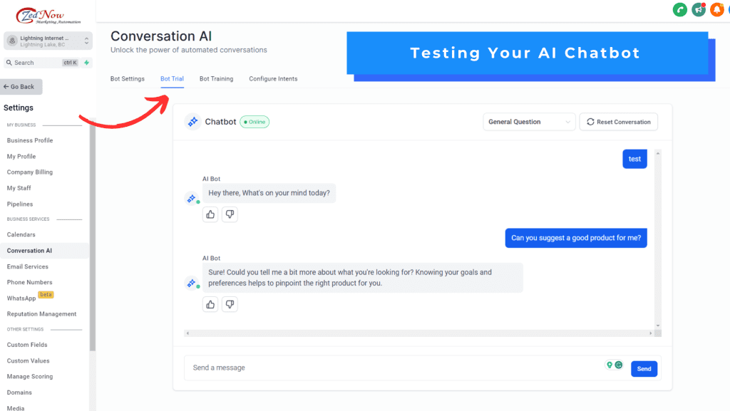 Testing ZedNow's AI Chatbot.