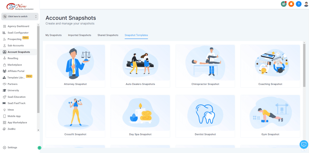 List of pre-made snapshot templates available in ZedNow.