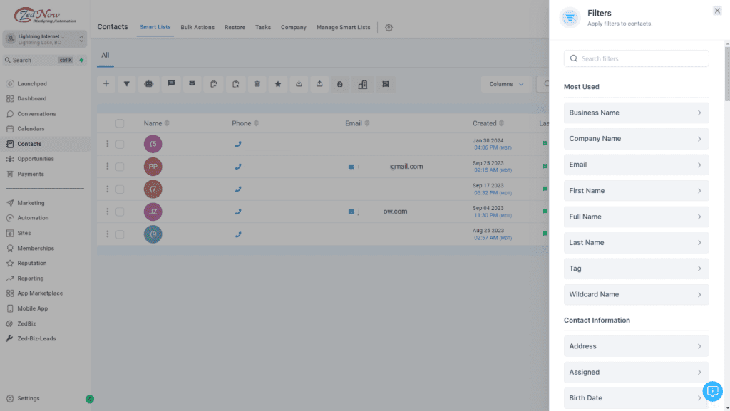 Screenshot of ZedNow's Smart Lists feature.