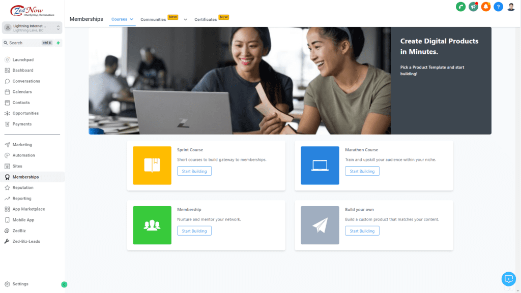 ZedNow's membership site builder feature