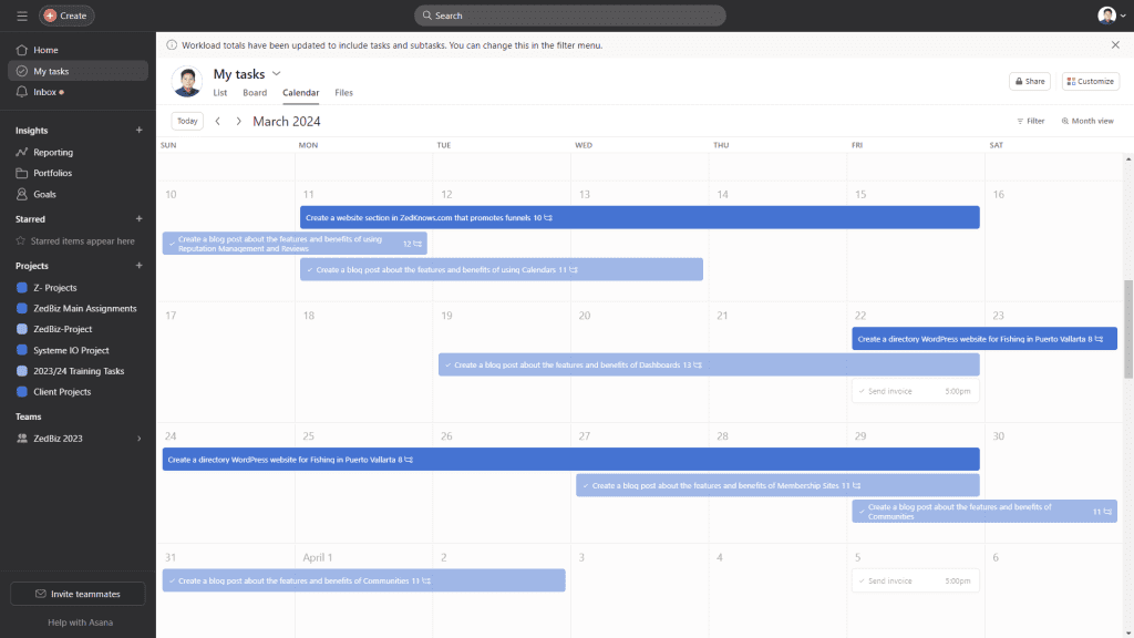 Tasks page in using Asana for project management in digital marketing
