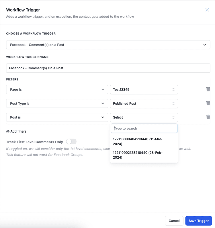 Workflow trigger settings