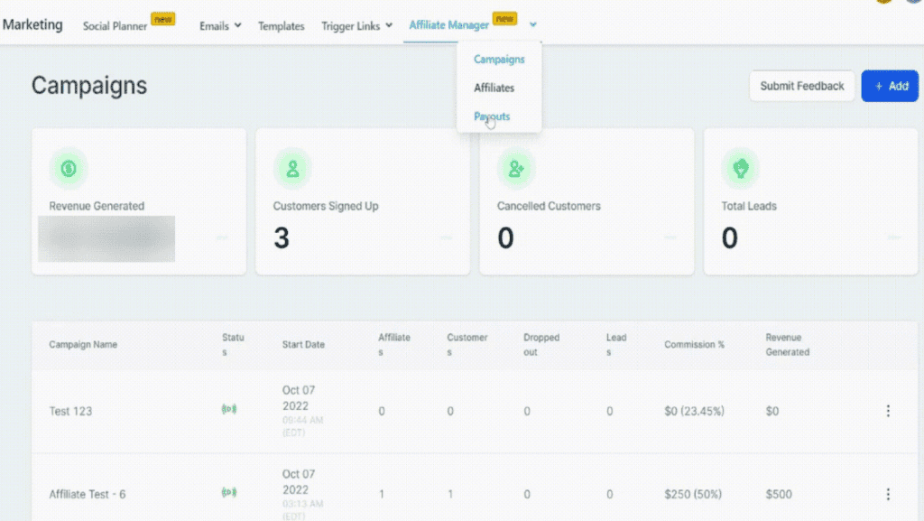 ZedNow's affiliate manager dashboard