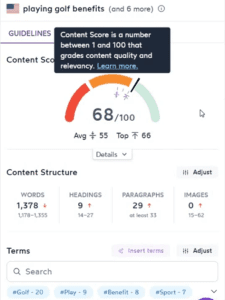 Screenshot of SurferSEO's content score meter.