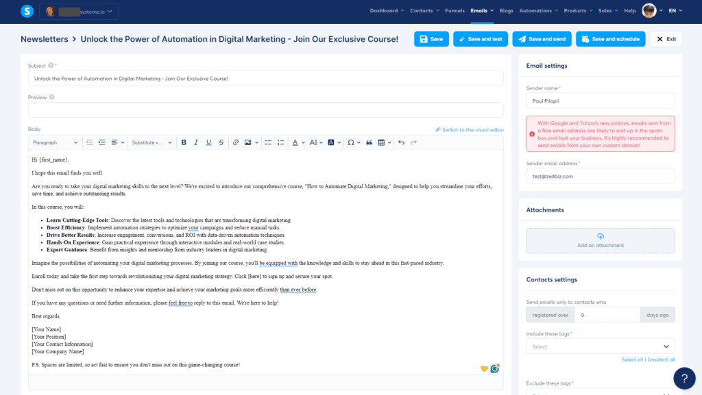 Systeme.io's email builder