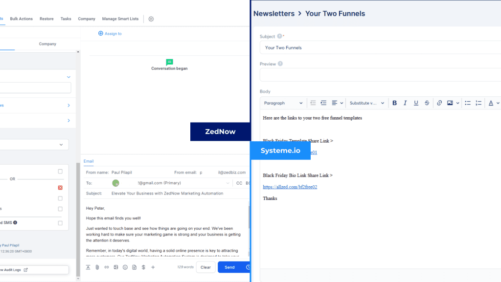 ZedNow vs Systeme.io communication tool comparison