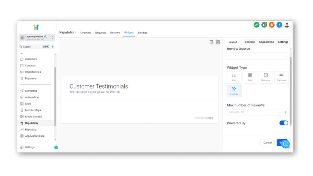 Widget customization for GoHighLevel Reputation Management.
