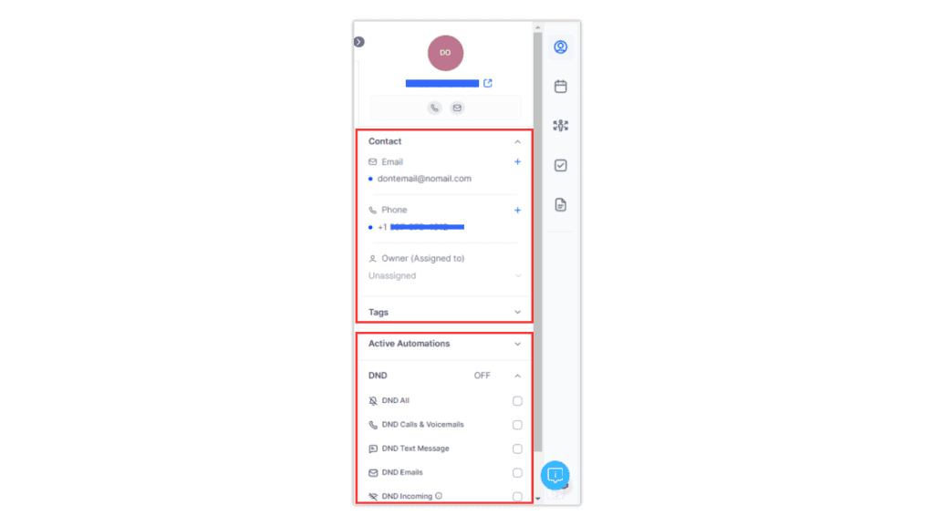 Contact details and DND customizable in the inbox.