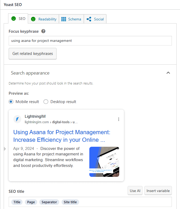Yoast SEO, one of the best marketing tools for small businesses used in optimizing a WordPress website.