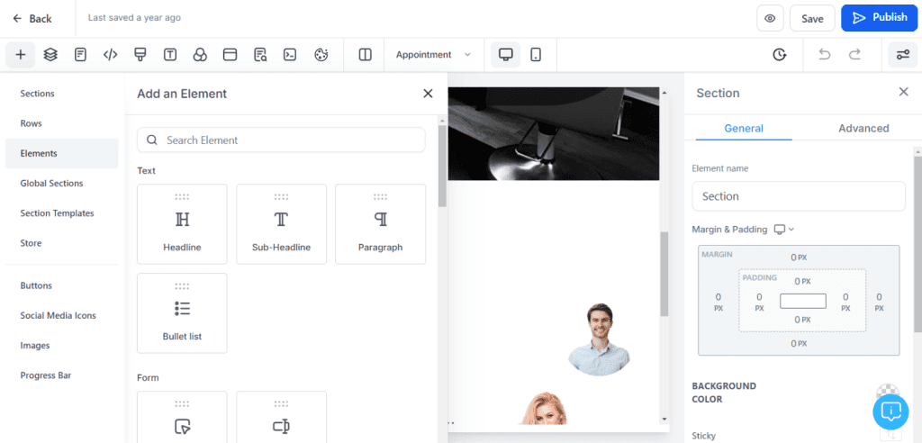 ZedNow's website builder tool.