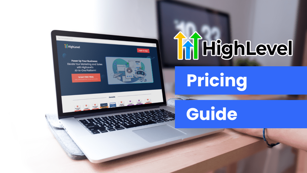 Featured image for HighLevel pricing guide showing HighLevel website in a Macbook