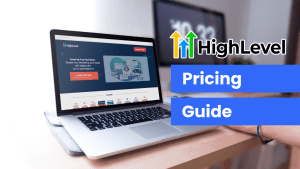Featured image for HighLevel pricing guide showing HighLevel website in a Macbook