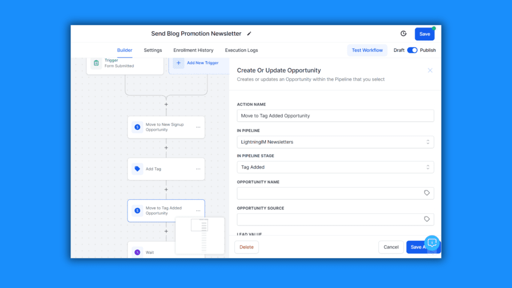 Preview of the automation workflow, one of the top features of GoHighLevel.