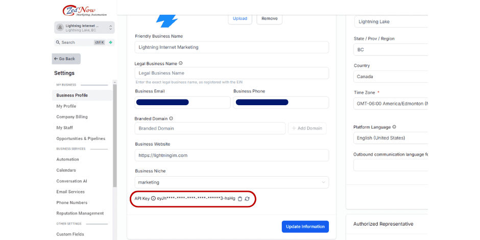 Location of the API key that is use to integrate ZedNow with other tools.