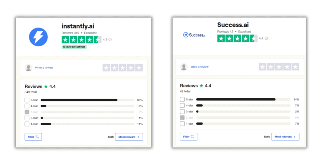 Instantly vs Success AI Trustpilot review comparison.