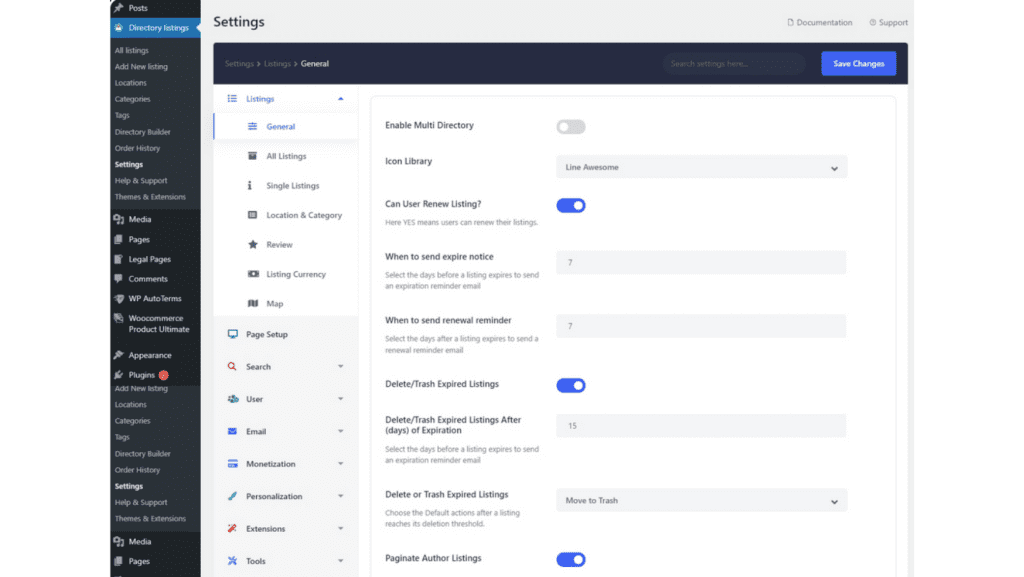 Settings dashboard of Directorist for Directorist vs GeoDirectory comparison.