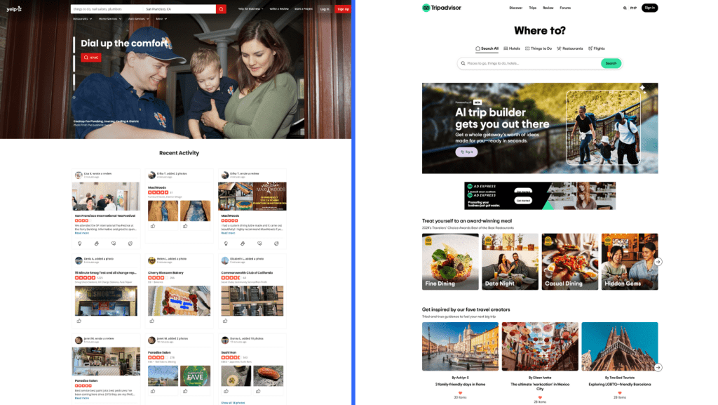 Screenshot of Yelp and TripAdvisor, one of the most successful web directory websites.