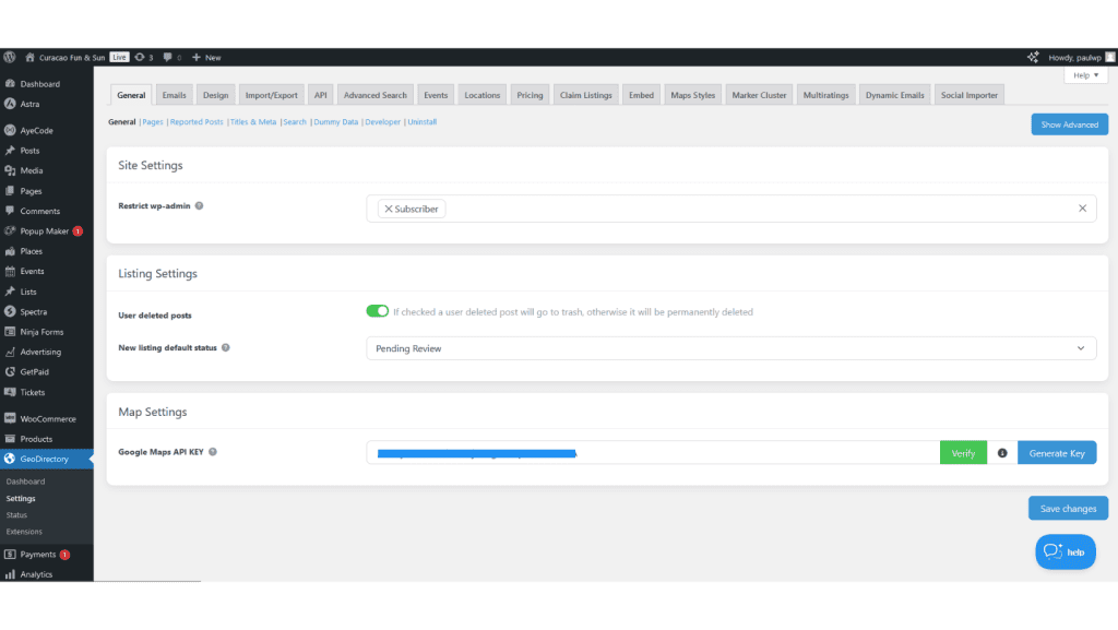 GeoDirectory settings dashboard for the Directorist vs GeoDirectory comparison.